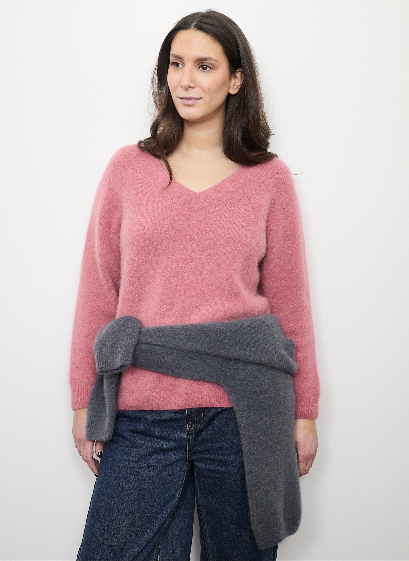 Jersey lana y alpaca rosa cuello pico Cuatro Islas